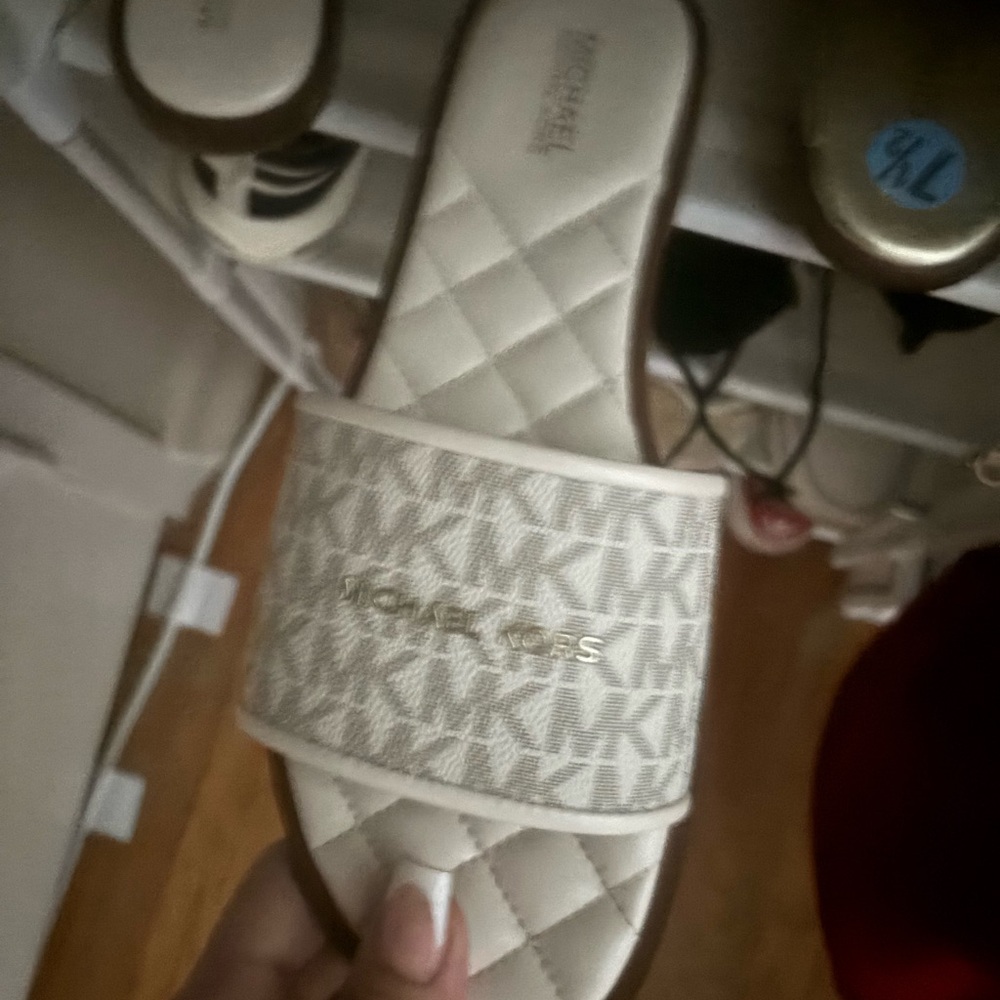 Michael Kors Beige and White Slide Sandals